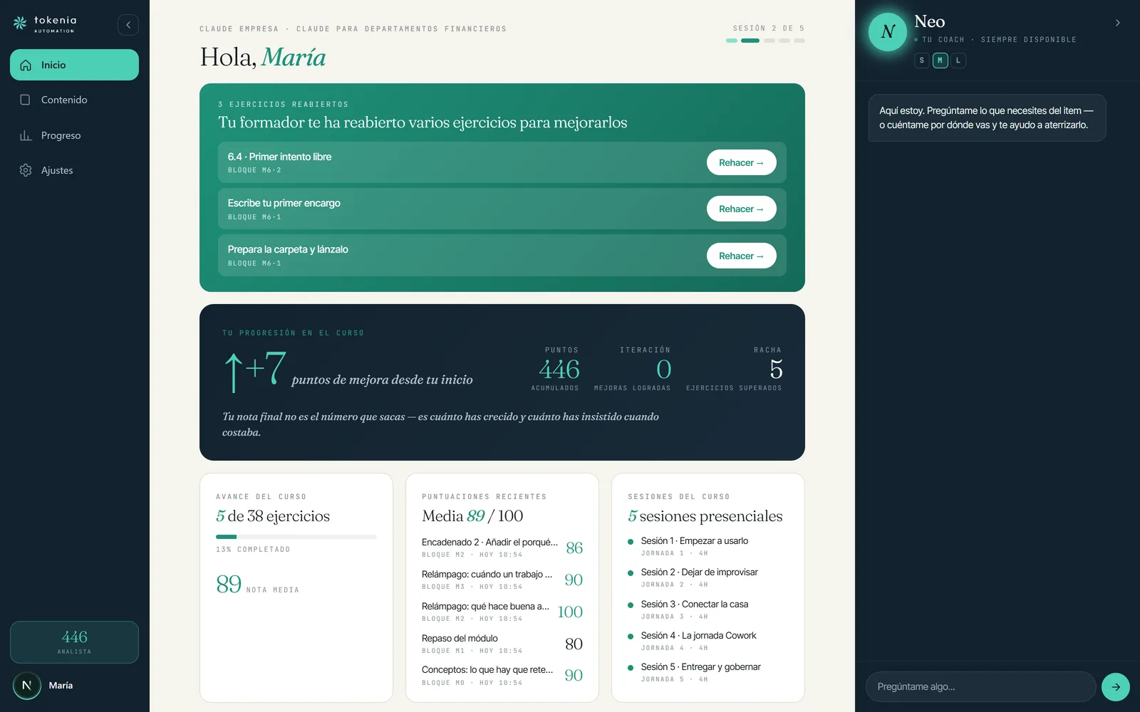 Aula del alumno en la plataforma de TOKENIA Training