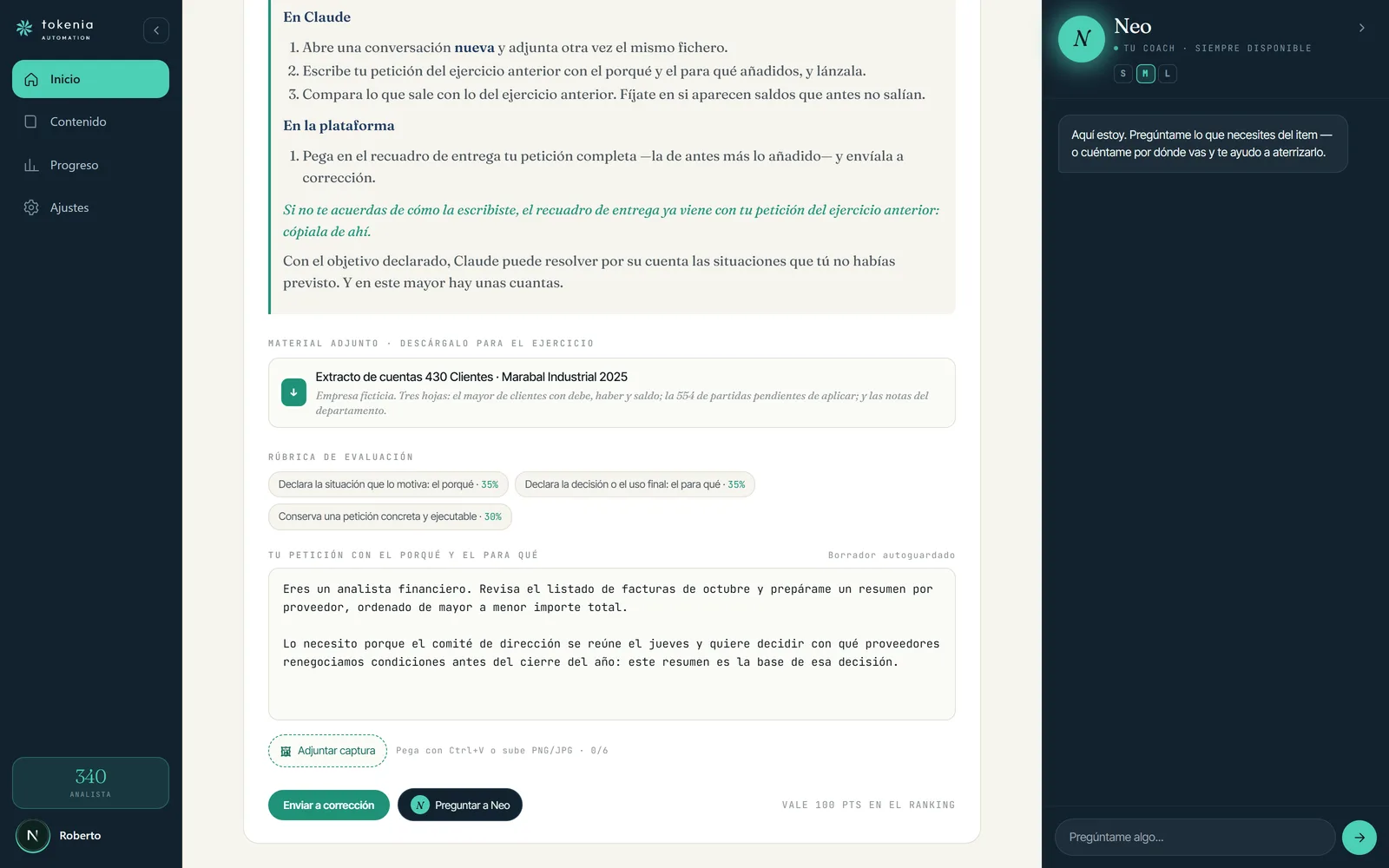 Pantalla de entrega de un ejercicio con enunciado, material y rúbrica